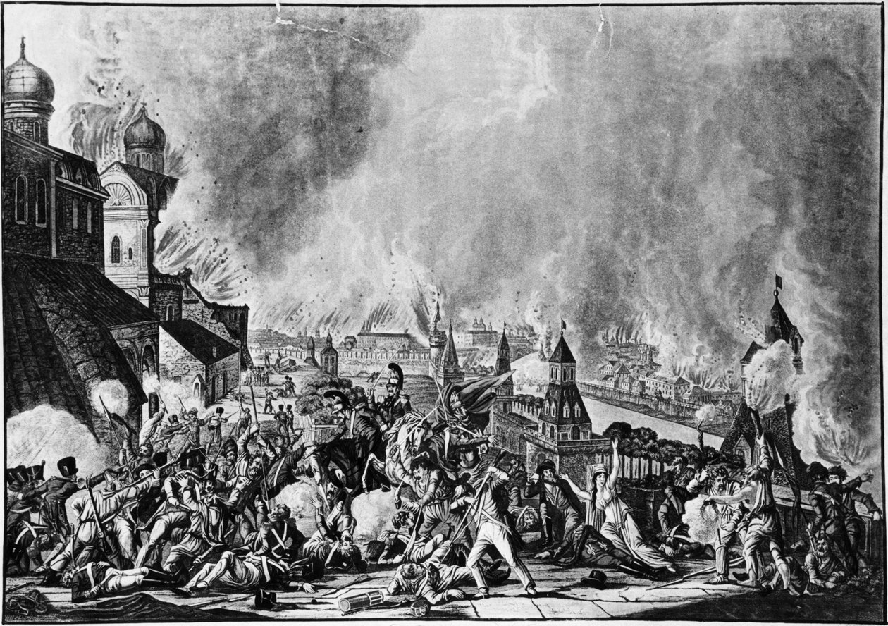 1812 का नेपोलियन युद्ध, 15 सितंबर, 1812 को मॉस्को फायर, एल, रगेंदास (1813) द्वारा उत्कीर्णन से। द्वारा अज्ञात