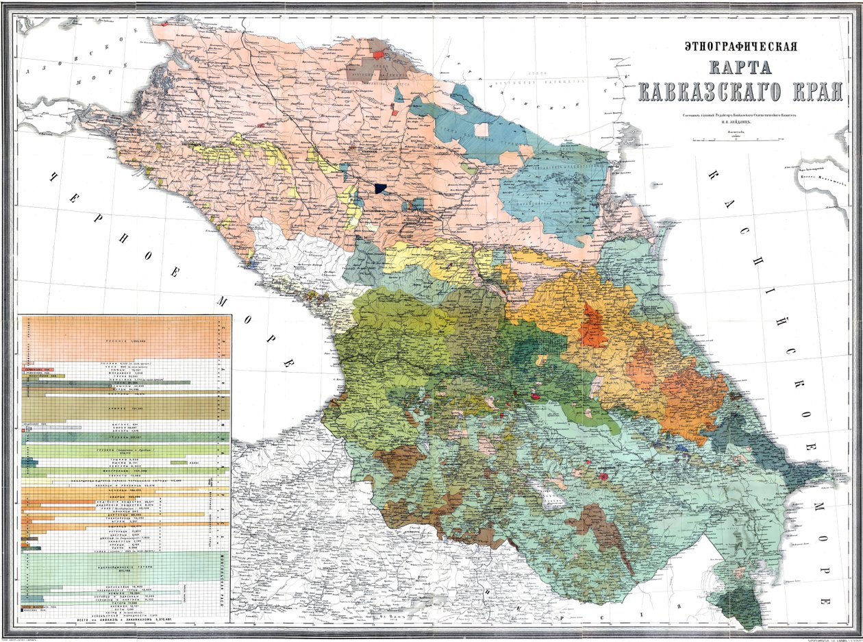 काकेशस क्षेत्र का नृवंशविज्ञान मानचित्र, 1880 (स्केल: 1: 1080000) द्वारा Николай Карлович лаейдлиц