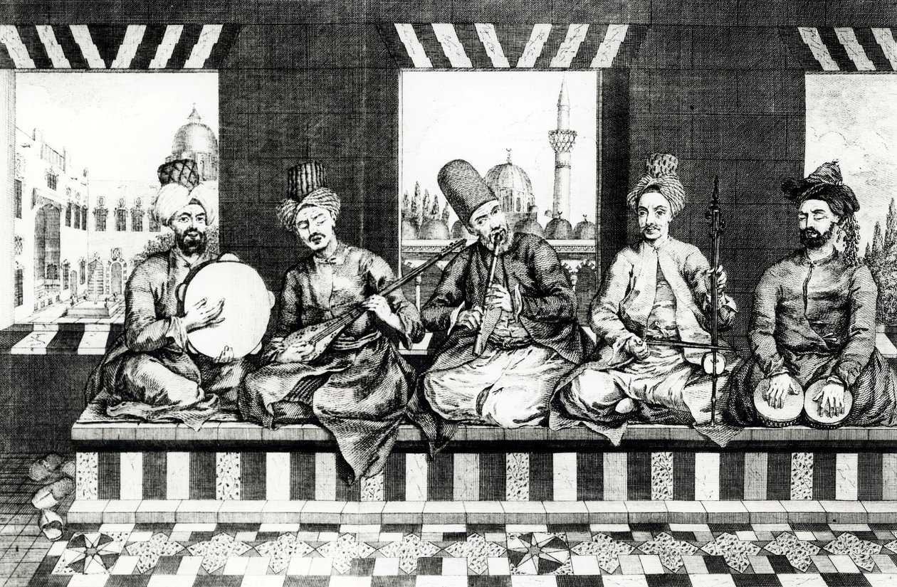 ओरिएंटल संगीतकारों का एक समूह (उत्कीर्णन) (बीडब्ल्यू फोटो) द्वारा अंग्रेजी स्कूल