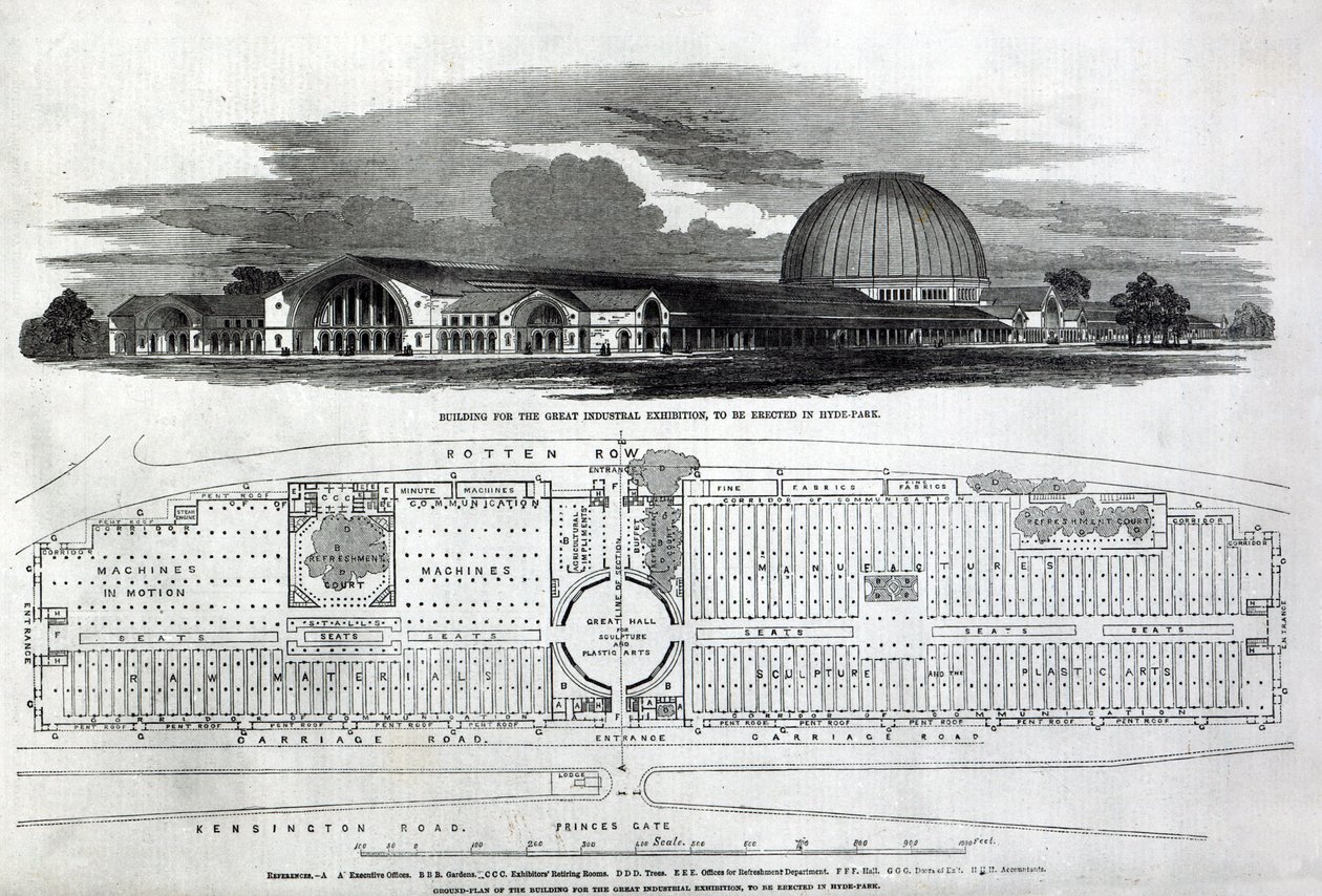 महान औद्योगिक प्रदर्शनी के लिए भवन, 1850 (उत्कीर्णन) (bw फोटो) द्वारा अंग्रेजी स्कूल