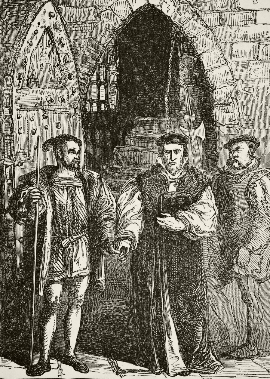 विलियम हिकमैन स्मिथ ऑब्रे (1858-1916) द्वारा &39;द नेशनल एंड डोमेस्टिक हिस्ट्री ऑफ इंग्लैंड&39; से अपने निष्पादन के रास्ते में बेल टॉवर से निकलते हुए कार्डिनल जॉन फिशर ने लंदन में प्रकाशित किया, c.1890 (लिथो द्वारा अंग्रेजी स्कूल