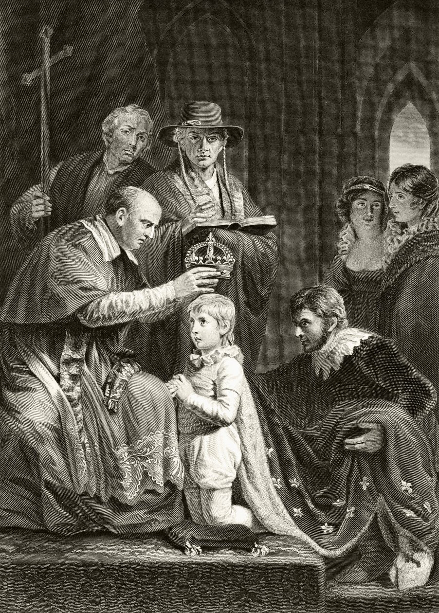 विलियम हिकमैन स्मिथ ऑब्रे (1858-1916) द्वारा &39;द नेशनल एंड डोमेस्टिक हिस्ट्री ऑफ़ इंग्लैंड&39; से इंग्लैंड के राजा हेनरी VI का राज्याभिषेक, लंदन, सी .1890 द्वारा अंग्रेजी स्कूल