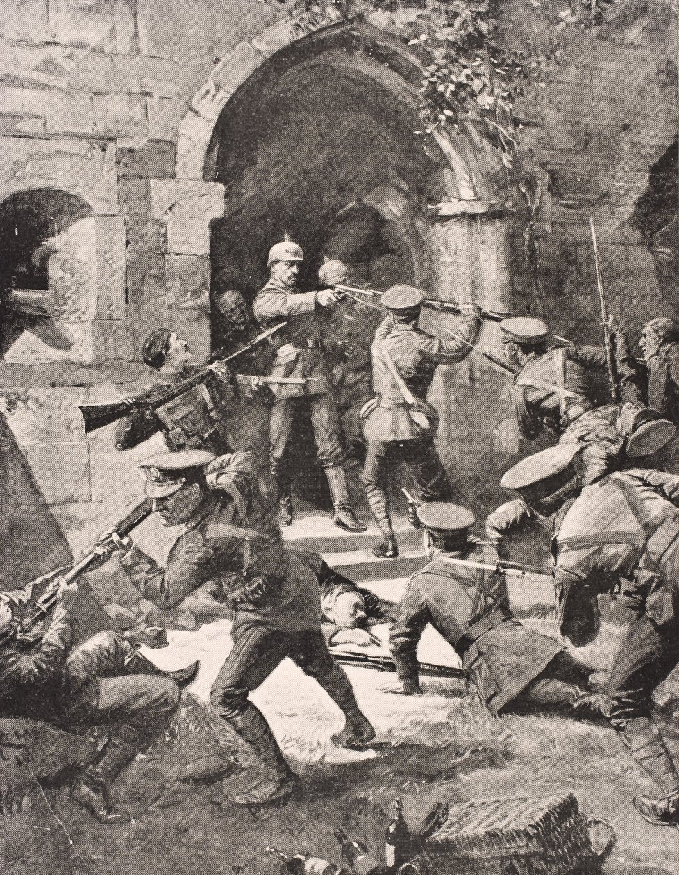 1916 में लंदन में प्रकाशित &39;द वॉर इलस्ट्रेटेड एल्बम डे-वेल्श&39; से ब्रिटिश सैनिकों ने यतूस बेल्जियम, 1915 के पास चेटो डी-हॉग के जर्मन रक्षकों पर हमला किया। द्वारा अंग्रेजी स्कूल