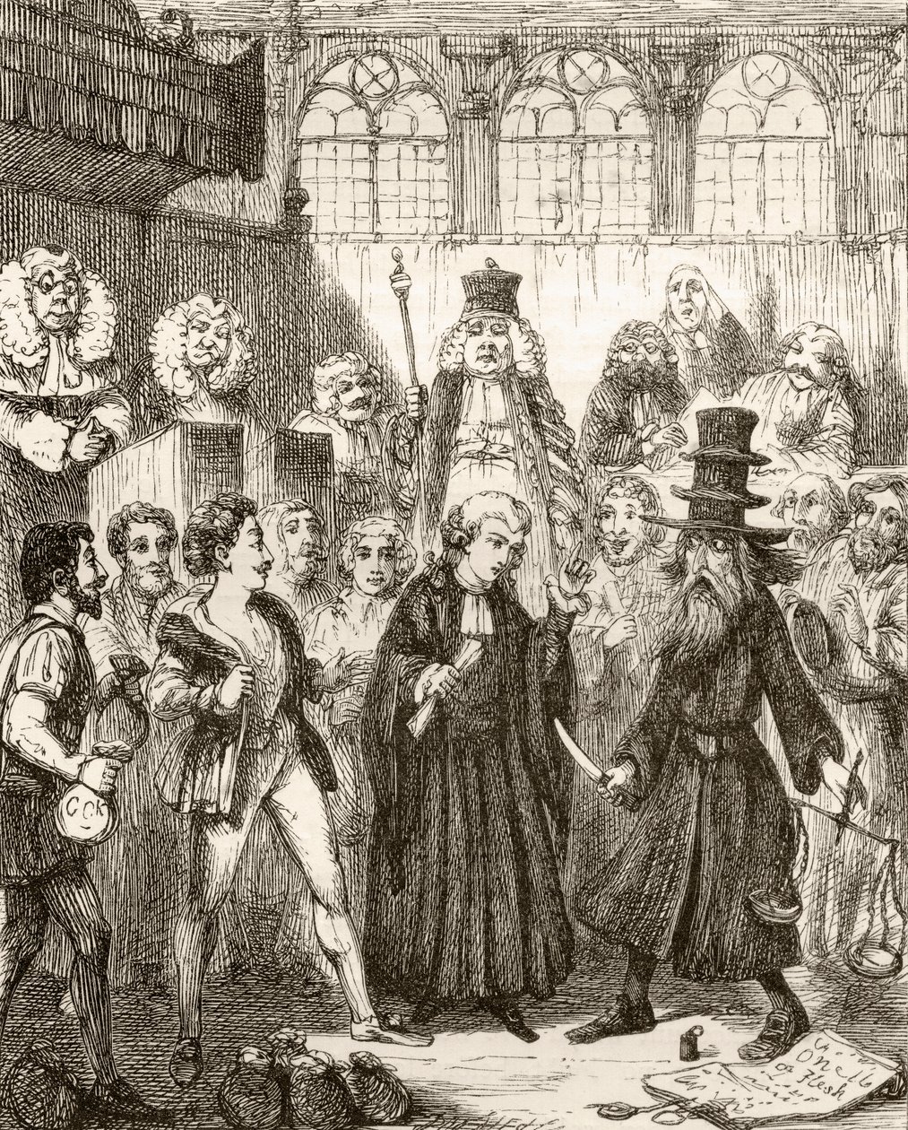 1865 में प्रकाशित थॉमस इंगोलेस्बी द्वारा &39;द इंगोल्ड्स लीजेंड्स या मिर्थ एंड मार्वल्स&39;, इटली की एक कहानी &39;द मर्चेंट ऑफ वेनिस&39; के लिए जॉर्ज क्रूशांक के बाद चित्रण। द्वारा अंग्रेजी स्कूल