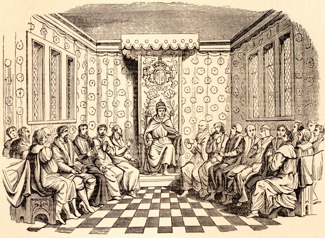 इंग्लैंड के राजा एडवर्ड VI और उनकी परिषद, द स्टैच्यूज़ ऑफ़ 1551 के शीर्षक पृष्ठ पर एक लकड़ी के बाद, अर्नेस्ट लॉ द्वारा &39;हिस्ट्री ऑफ़ हैम्पटन कोर्ट पैलेस इन ट्यूडर टाइम्स&39;, लंदन 1885 में प्रकाशित द्वारा अंग्रेजी स्कूल