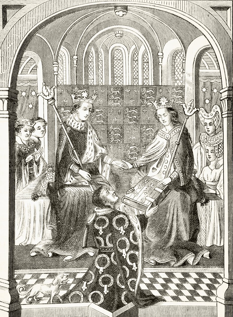 विलियम हिकमैन स्मिथ ऑब्रे (1858-1916) द्वारा &39;द नेशनल एंड डोमेस्टिक हिस्ट्री ऑफ इंग्लैंड&39; से इंग्लैंड के राजा हेनरी VI और उनके दरबार में अंजु के मार्गरेट, ने लंदन को प्रकाशित किया। द्वारा अंग्रेजी स्कूल