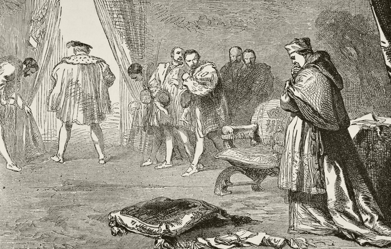 इंग्लैंड के राजा हेनरी अष्टम ने विलियम हिकमैन स्मिथ ऑब्रे (1858-1916) द्वारा प्रकाशित &39;लंदन के राष्ट्रीय और घरेलू इतिहास&39; से 1529 में कार्डिनल वोल्सी को बर्खास्त कर दिया, लंदन में प्रकाशित, c.1890 द्वारा अंग्रेजी स्कूल