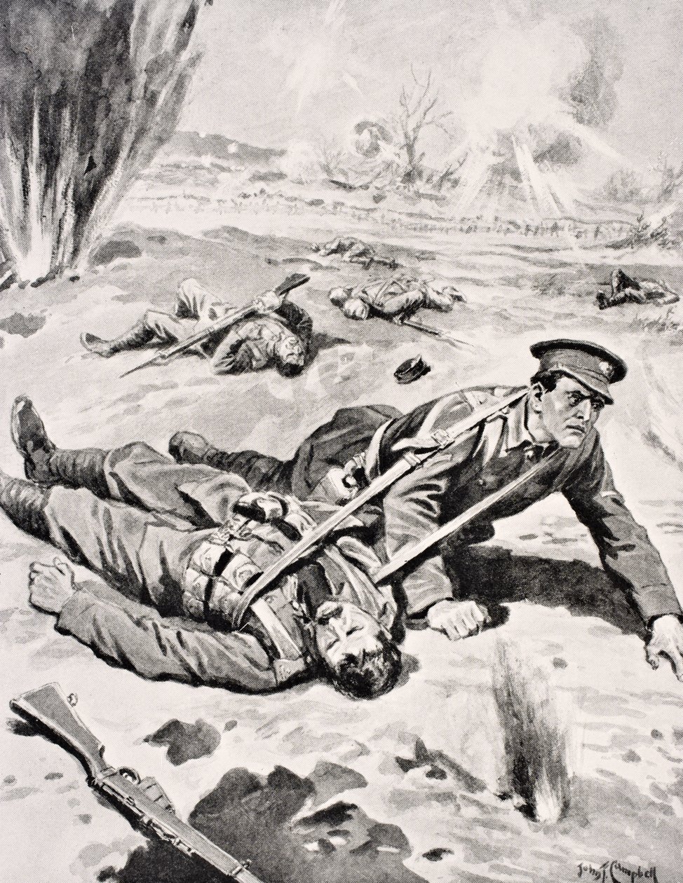 लांस-कॉर्पोरल जोसेफ टॉम्ब्स वीसी, चार घायल कॉमरेडों में से एक के साथ, उन्होंने लंदन, 1916 में प्रकाशित &39;द वॉर इलस्ट्रेटेड एल्बम डे-डीलक्स&39; से, 16 जून, 1915 को अर्मेंटियर, फ़्रांस के पास बचाया द्वारा अंग्रेजी स्कूल