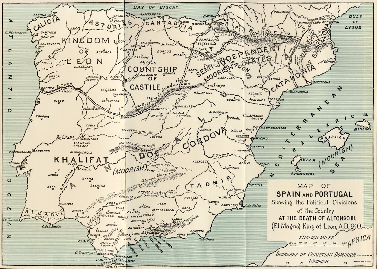 स्पेन के लियोनसो राजा, अल्फोंसो तृतीय की मृत्यु पर देश में राजनीतिक विभाजन दिखाते हुए स्पेन और पुर्तगाल का नक्शा, &39;स्पेन: ए सारांश का सारांश मूरिश विजय से पतन के पतन तक द्वारा अंग्रेजी स्कूल