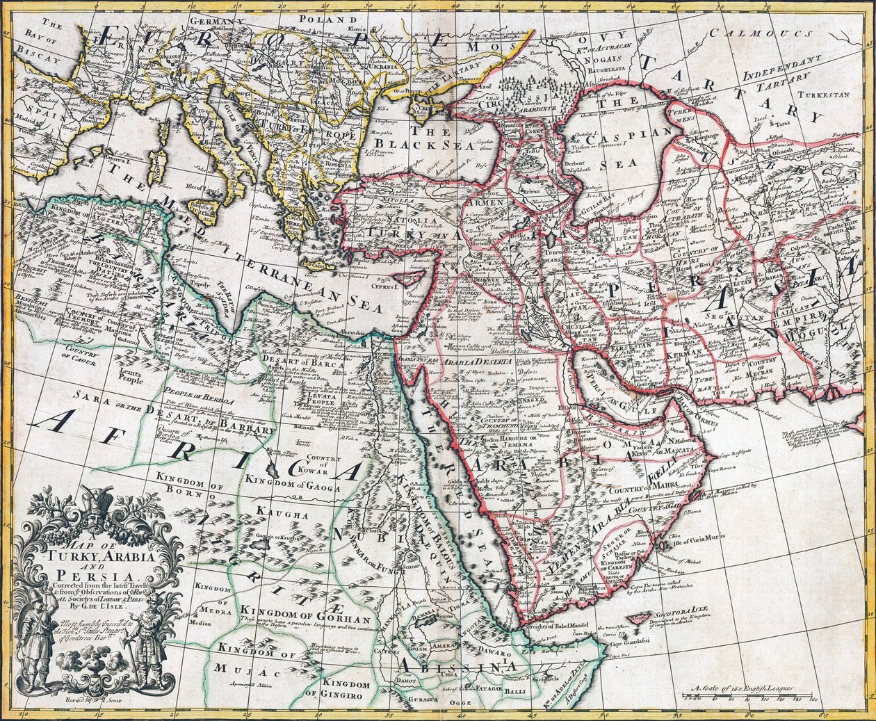 डी। ब्राउन, टी। टेलर, जे। डर्बी, जे। सेनेक्स, डब्ल्यू। टेलर और द्वारा &39;1721 के नए जनरल एटलस&39; से जॉन सिनेक्स द्वारा संशोधित, तुर्की, अरब और फारस का मानचित्र लोंडो में चार अन्य द्वारा अंग्रेजी स्कूल