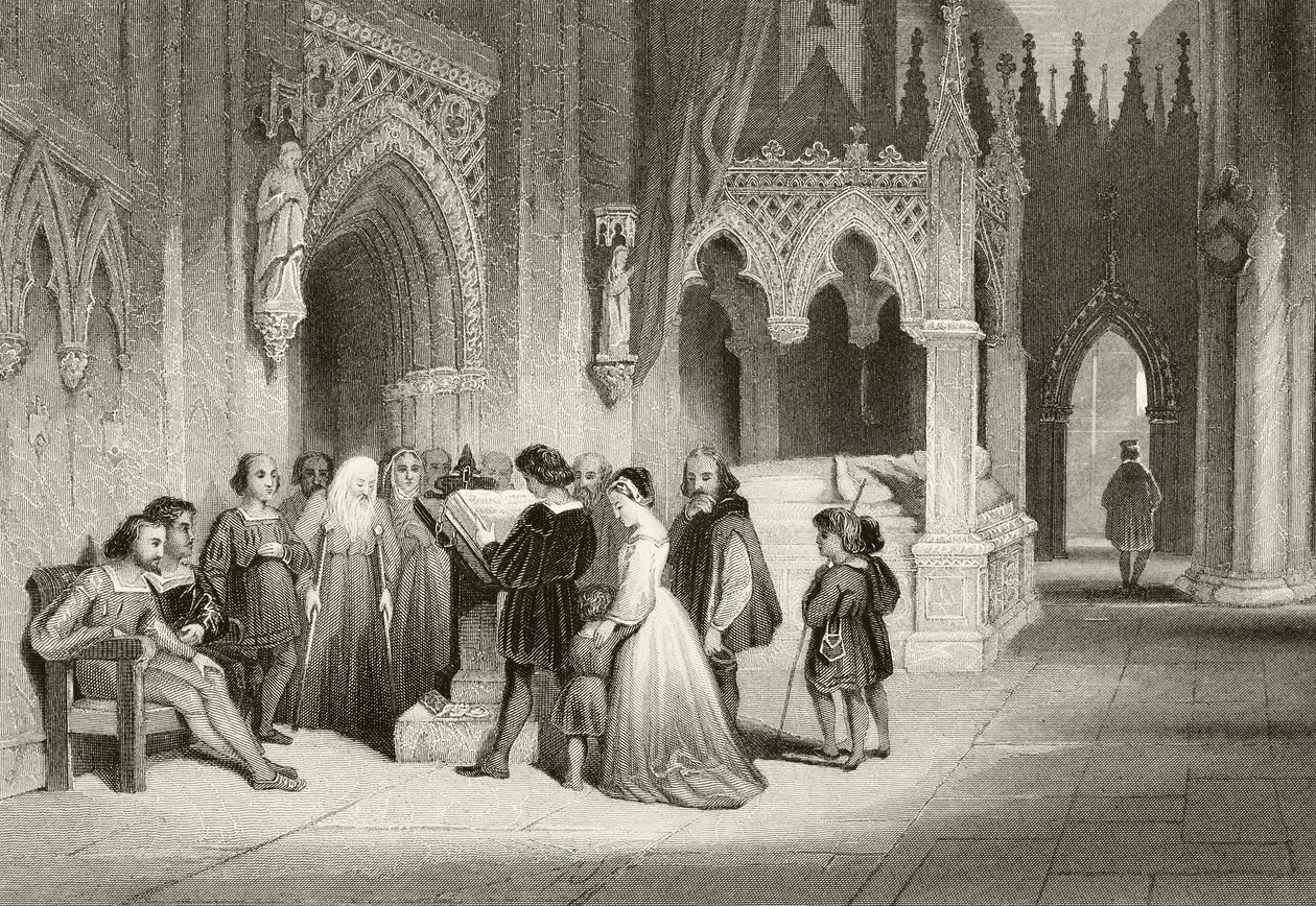 विलियम हिकमैन स्मिथ ऑब्रे (1858-1916) द्वारा &39;द नेशनल एंड डोमेस्टिक हिस्ट्री ऑफ़ इंग्लैंड&39; से सेंट पॉल कैथेड्रल के क्रिप्ट में बाइबिल पढ़ना, लंदन प्रकाशित, c.1890 द्वारा अंग्रेजी स्कूल