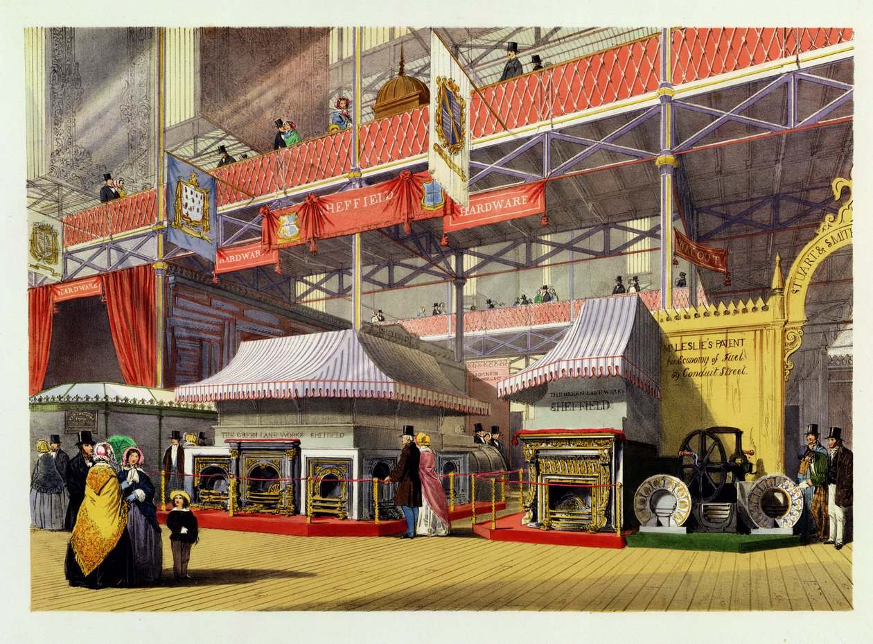 शेफ़ील्ड हार्डवेयर, 1851 की महान प्रदर्शनी के &39;डिकिंसन&39; व्यापक चित्र से प्लेट 43 ... &39;, डिकिंसन ब्रदर्स द्वारा प्रकाशित, 1854 (हाथ से रंग वाली लिथो) (132852 देखें) द्वारा अंग्रेजी स्कूल