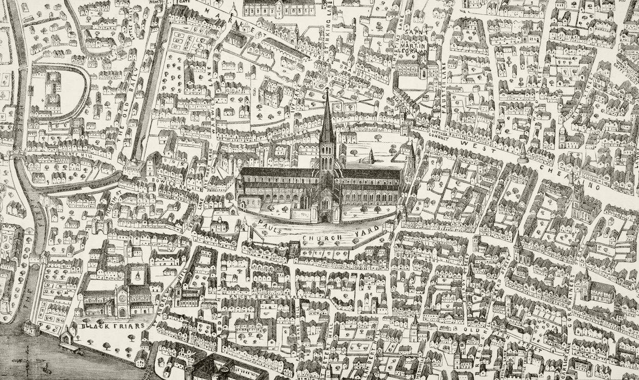 विलियम हीमैन स्मिथ ऑब्रे (1858-1916) द्वारा &39;द नेशनल एंड डोमेस्टिक हिस्ट्री ऑफ इंग्लैंड&39; से हेनरी अष्टम के समय में सेंट पॉल कैथेड्रल और आसपास के क्षेत्र, लंदन में प्रकाशित, c.1890 द्वारा अंग्रेजी स्कूल