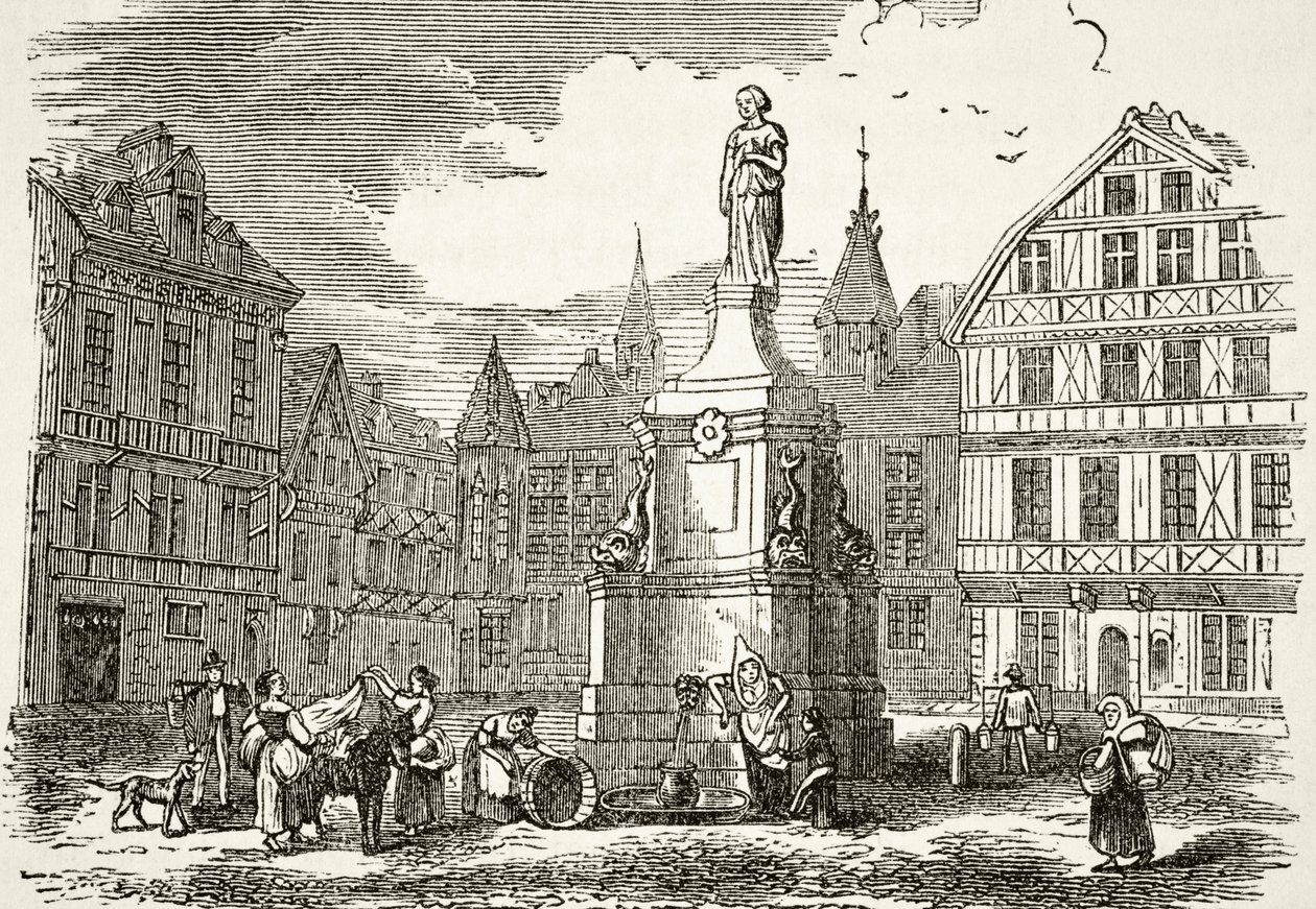 विलियम हिकमैन स्मिथ ऑब्रे (1858-1916) द्वारा &39;द नैशनल एंड डोमेस्टिक हिस्ट्री ऑफ इंग्लैंड&39; से 19 वीं शताब्दी में रूयन में मार्केट प्लेस में जोन ऑफ आर्क की प्रतिमा प्रकाशित, लंदन। द्वारा अंग्रेजी स्कूल