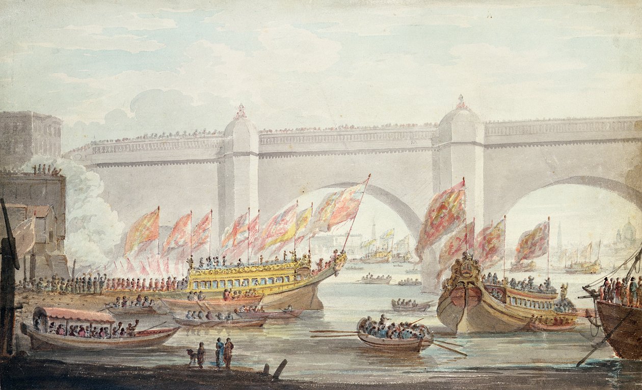 वेस्टमिंस्टर में लॉर्ड मेयर, ब्रिज के एक दृश्य के साथ, 1840 (कागज पर wc) द्वारा अंग्रेजी स्कूल