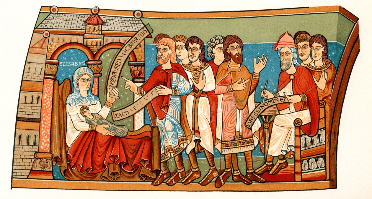 सेंट जॉन द बैपटिस्ट का नामकरण, जेआर ग्रीन द्वारा &39;ए शॉर्ट हिस्ट्री ऑफ द इंग्लिश पीपल&39; कैंटरबरी कैथेड्रल के क्रिप्ट में 12 वीं सदी की दीवार पेंटिंग के बाद, 1893 प्रकाशित द्वारा अंग्रेजी स्कूल