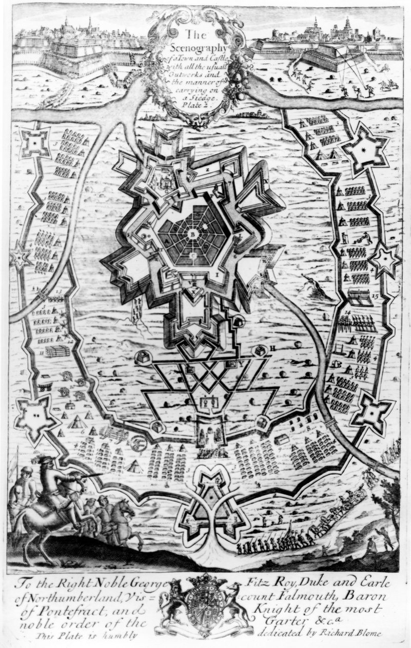 रिचर्ड ब्लोम द्वारा प्रकाशित &39;द जेंटलमैन रिक्रिएशन&39; से 1686 (उत्कीर्णन) से एक शहर और महल का नजारा, सभी सामान्य आतिशबाजी और घेराबंदी के तरीके द्वारा अंग्रेजी स्कूल