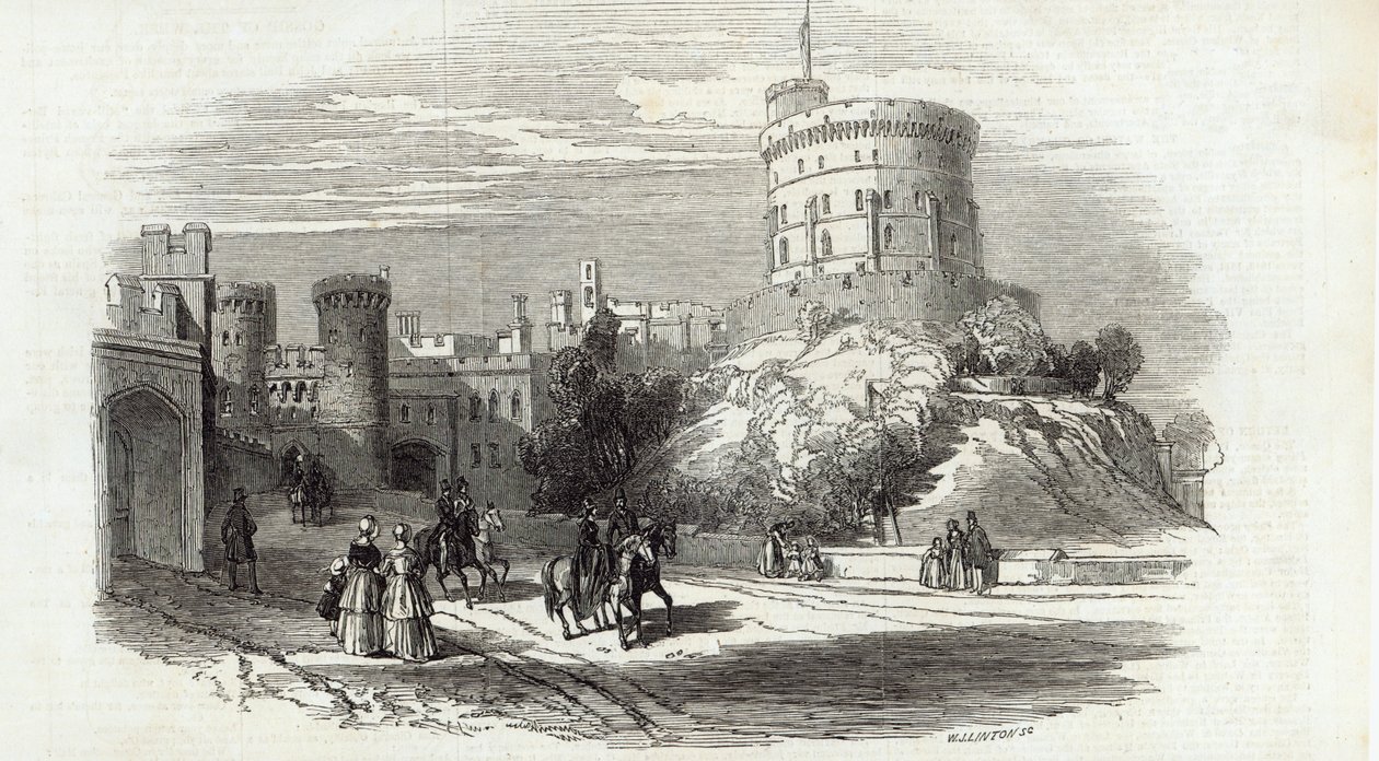 विंडसर कैसल - द गोल टॉवर, द इलस्ट्रेटेड लंदन न्यूज़ से, 26 सितंबर 1846 (उत्कीर्णन) द्वारा अंग्रेजी स्कूल