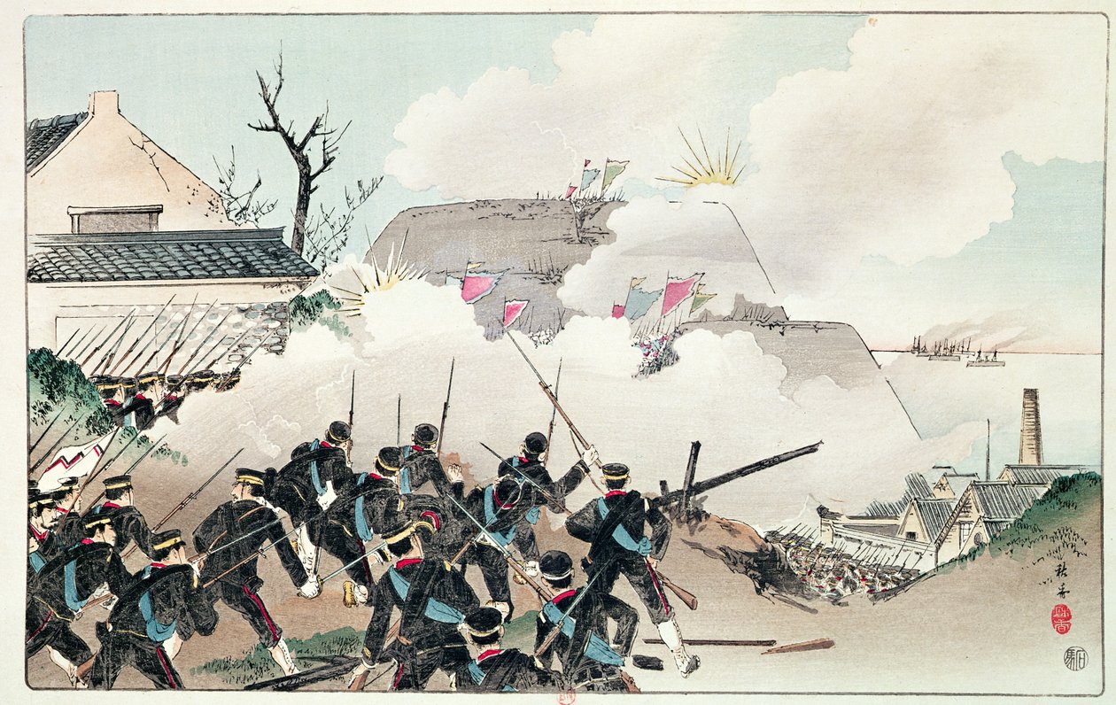 पोर्ट आर्थर की लड़ाई, c.1894 (रंगीन उत्कीर्णन) द्वारा चीनी स्कूल