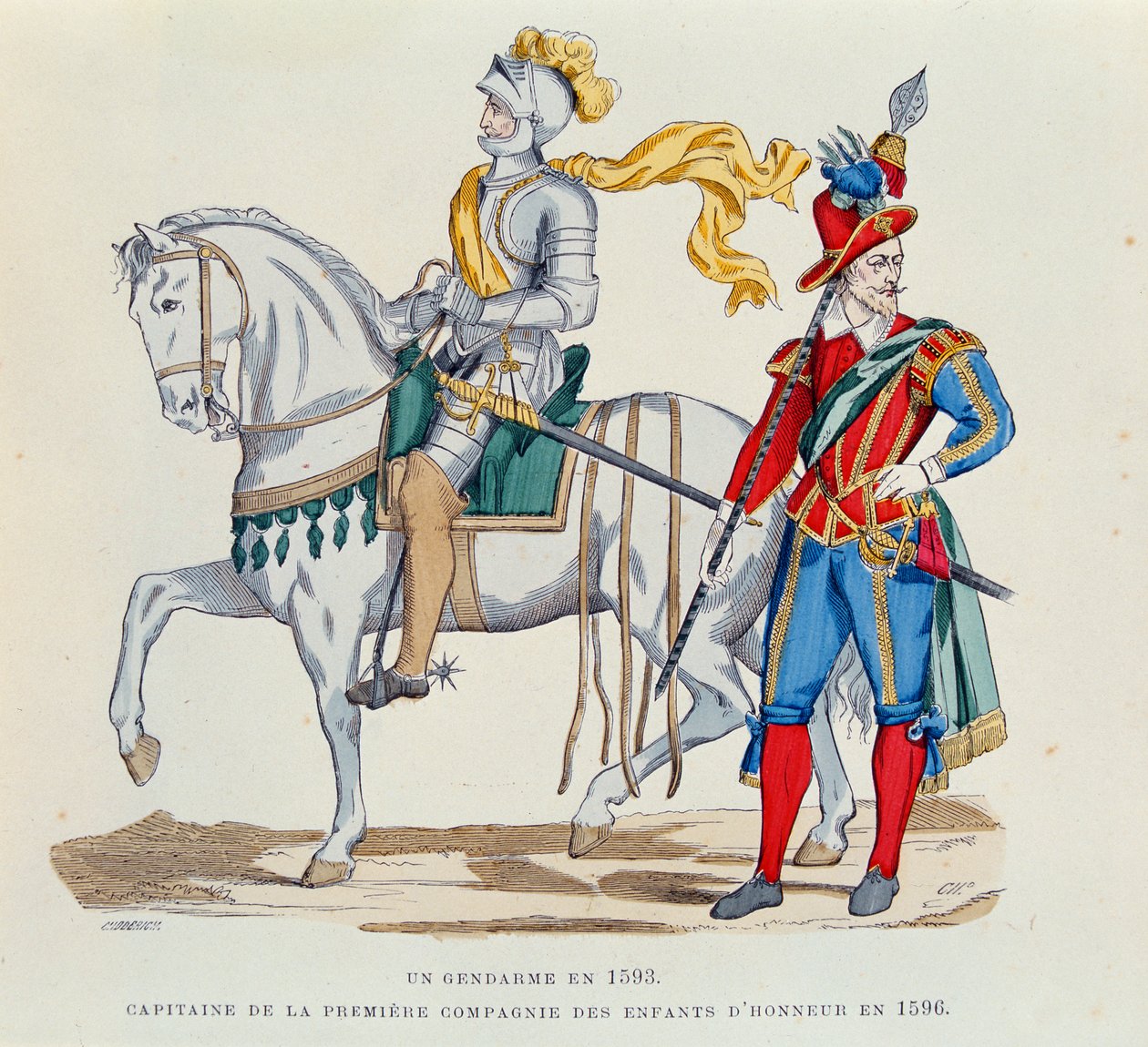 1593 में एक जेंडरमेम और 1596 में &39;चिल्ड्रन ऑफ ऑनर&39; की पहली कंपनी के एक कप्तान, ऑगस्टिन चैलमेल द्वारा 1881 में &39;सिविलियन एंड मिलिट्री कॉस्ट्यूम्स फ्रैंच द सेंचुरी&39; से दृष्टांत द्वारा Choderich