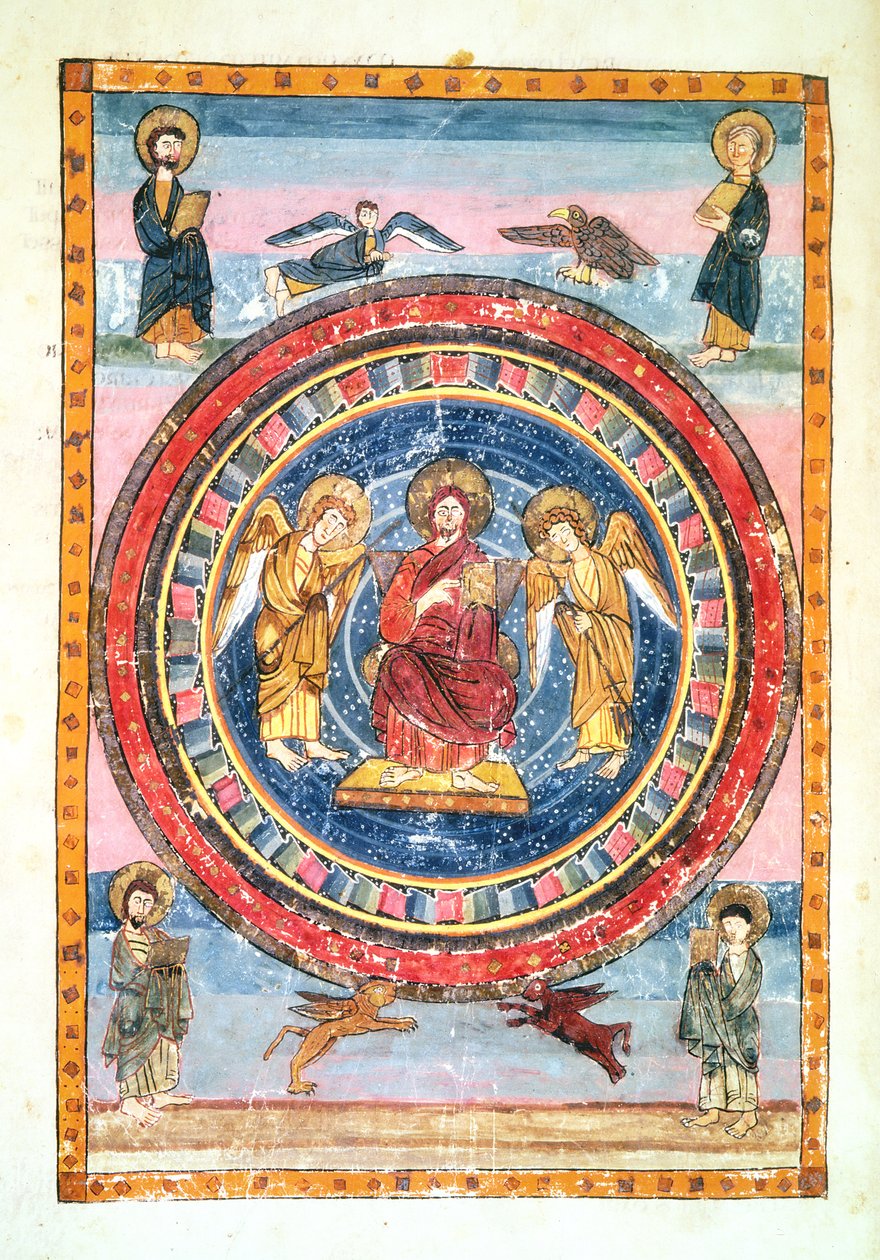 Codex Amiatinus Ms 1 f.796v क्राइस्ट इन एंजेल्स एंड द फोर एवेंजेलिस्ट्स, जारो, वेयरमाउथ, 8 वीं शताब्दी की शुरुआत में निष्पादित द्वारा अंग्रेजी स्कूल