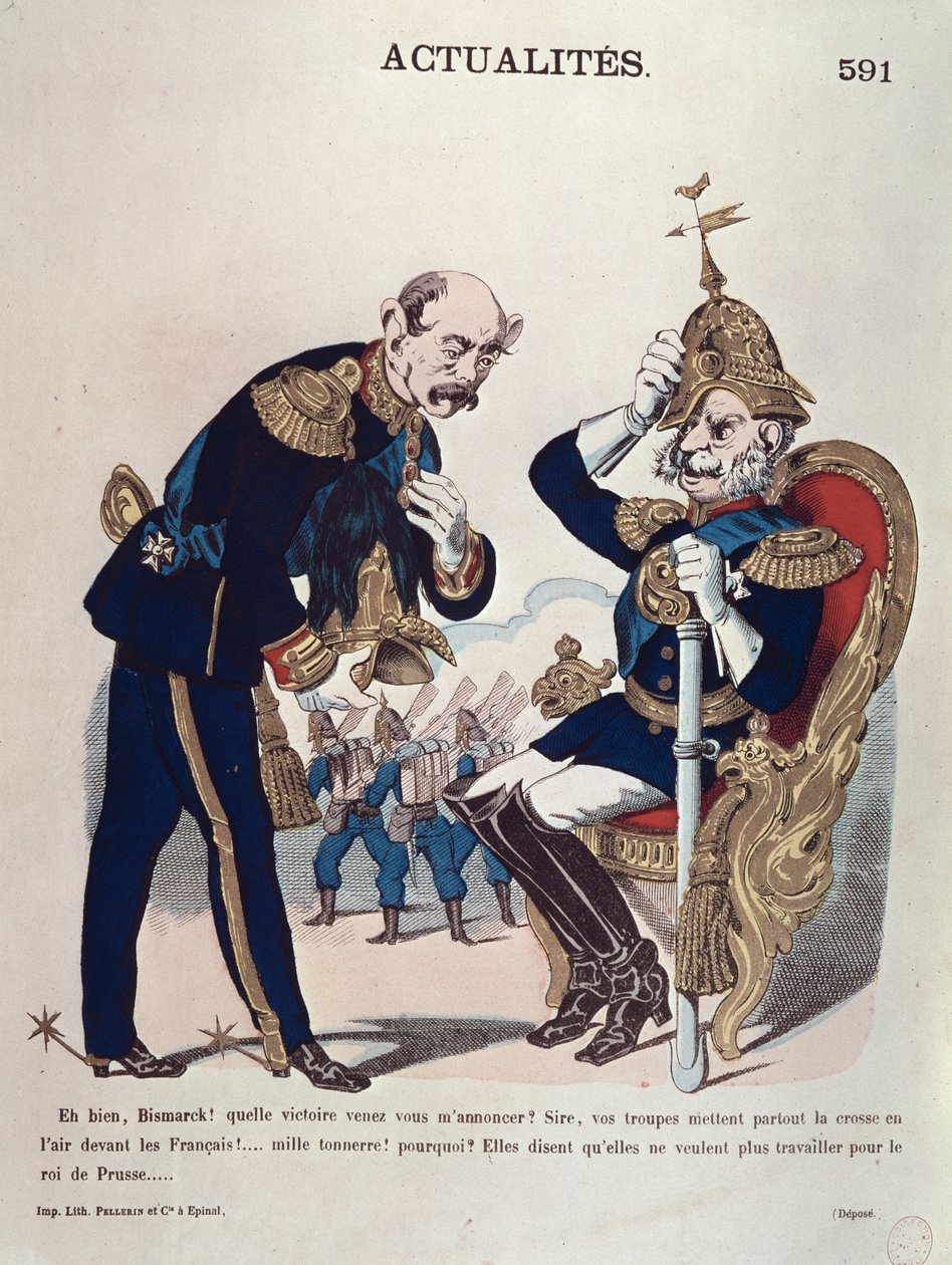 &39;आह अच्छा, बिस्मार्क! किस विजय के बारे में आप मुझे बताने आए हैं ... &39;, प्रशिया और ओटो वॉन बिस्मार्क (1815-98) के कैसर विल्हेम (1797-1888) का कैरिकेचर प्रिसियन चांसलर, c.1870 (रंग लिथो द्वारा फ्रेंच स्कूल