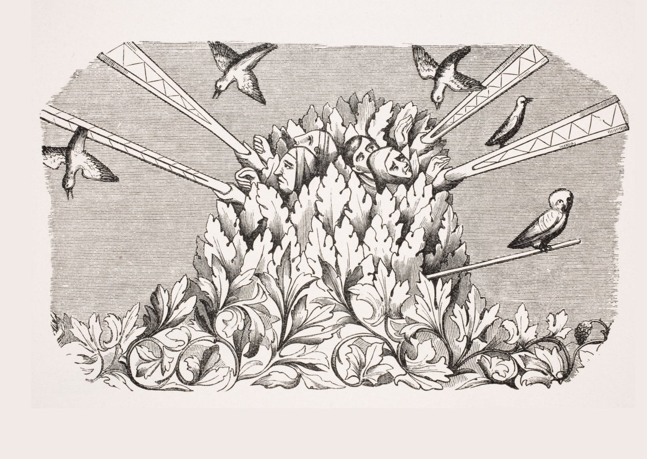 मशीन की तरह विस्तार करने योग्य हथियारों के साथ पक्षी को पकड़ना, हेनरी डी फेरियर्स द्वारा 14 वीं शताब्दी की पांडुलिपि &39;लिवर डे रॉय मोडस&39; में एक लघु का प्रजनन, पऊ से &39;ले मोयेन एज एट ला पुनर्जागरण&39; द्वारा फ्रेंच स्कूल