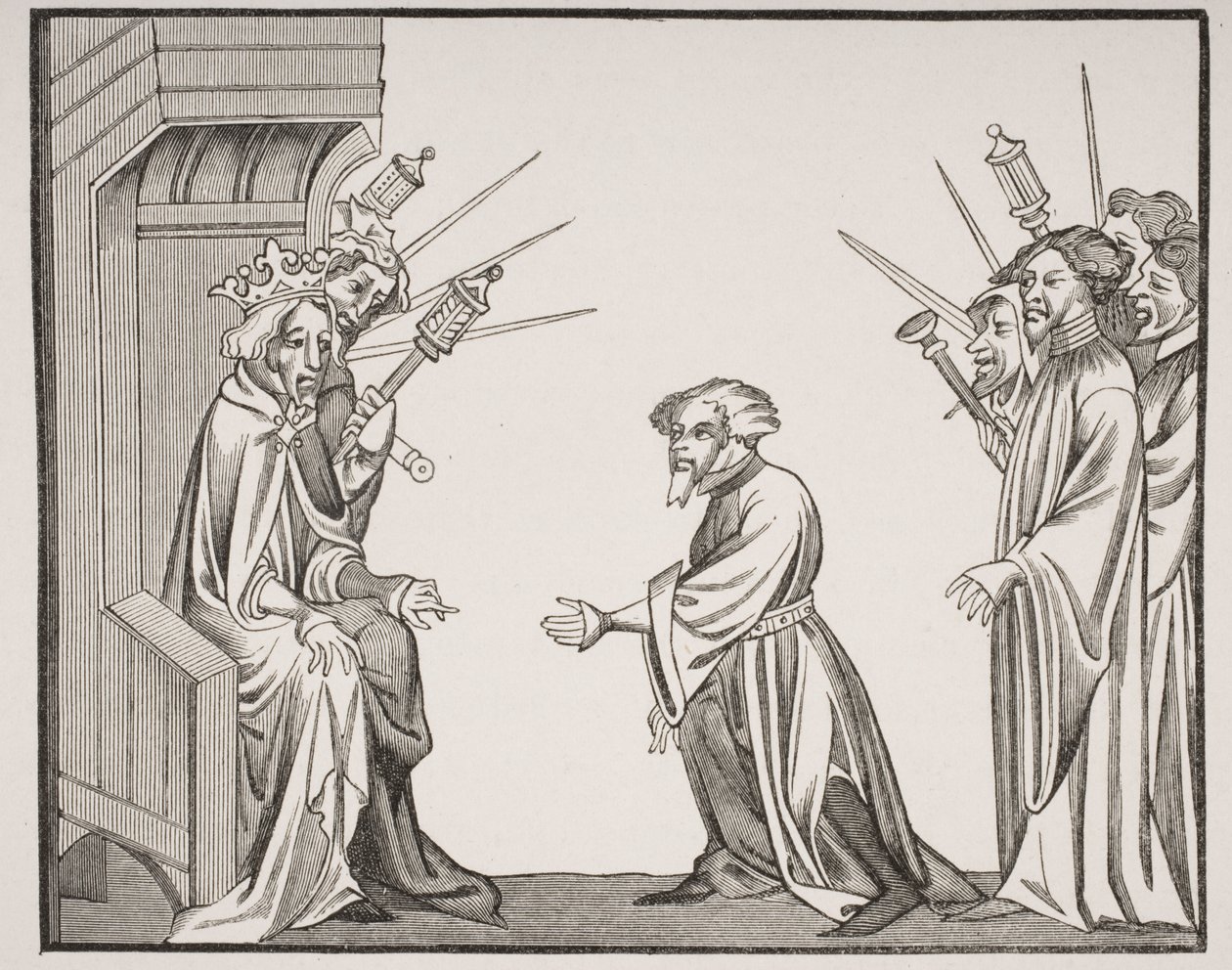 शारलेमेन (747-814) अपने महान Feudatories या हाई बैरन में से एक से फिडेलिटी और ऑनर की शपथ प्राप्त करते हुए, &39;सेंट डेनिस के इतिहास&39; में 14 वीं शताब्दी के मिनिएचर की भूमिका &39;ले मोय&39; से प्राप्त की। द्वारा फ्रेंच स्कूल