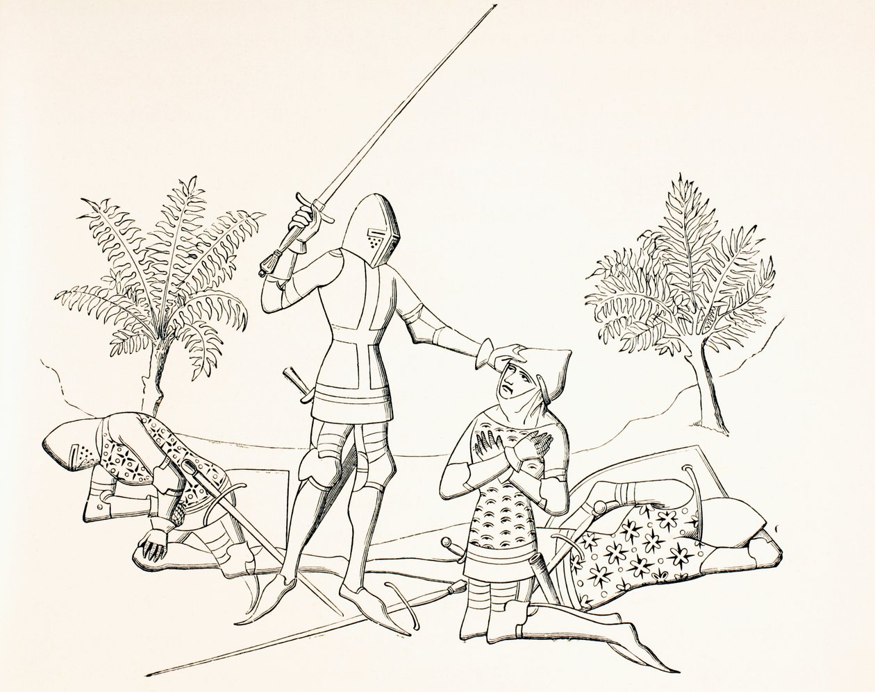 पॉल लैक्रोइक्स द्वारा &39;मिलिट्री एंड रिलिजियस लाइफ इन द मिडिल एज&39; से, शत्रु ने दो दुश्मनों को मार गिराया है, युद्ध के मैदान पर नाइटहुड का उल्लेख करते हुए, लंदन c.1880 प्रकाशित द्वारा फ्रेंच स्कूल