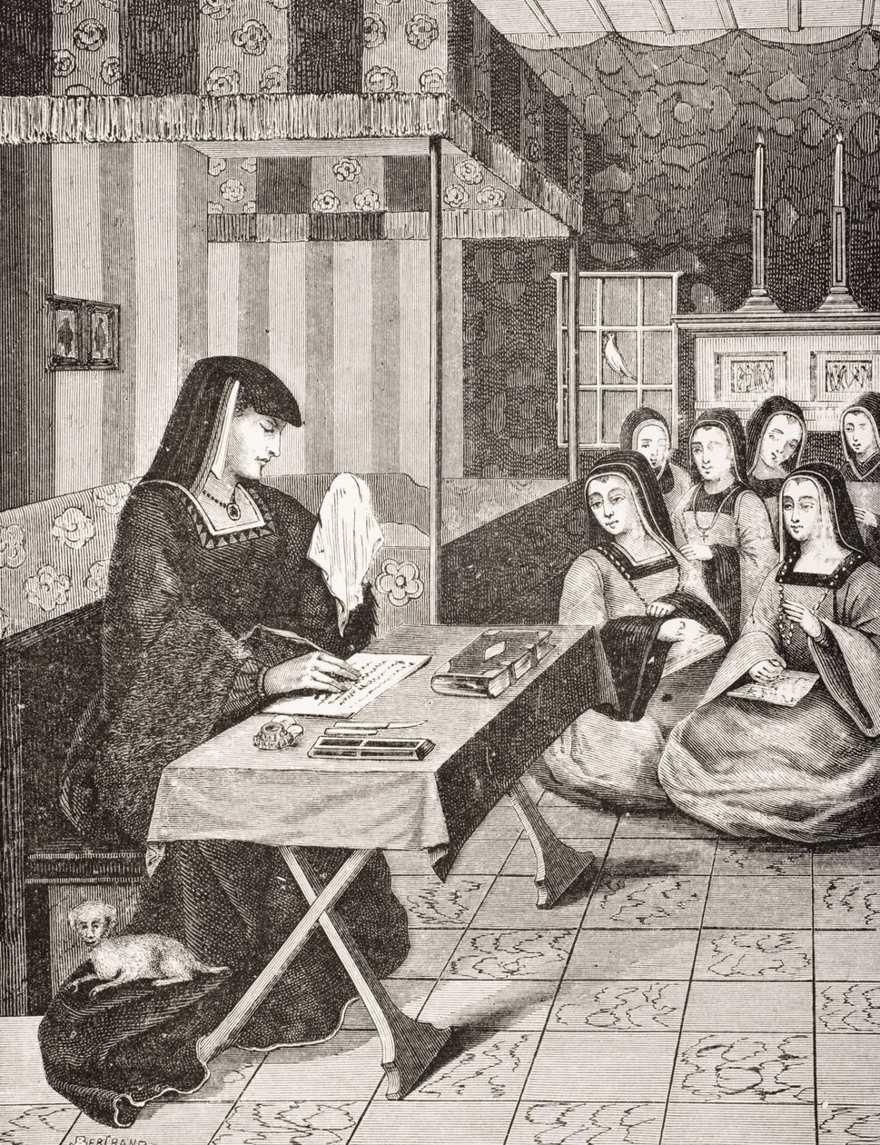 कोर्ट ऑफ द लेडीज ऑफ क्वीन एनी ऑफ ब्रिटनी (1477-1514), 16 वीं सदी के लघु काल के बाद &39;लेप मोयने एज एट ला पुनर्जागरण&39; से &39;लेपर्स एनवॉयस एयू रूई&39;, 184 में प्रकाशित 184 में प्रकाशित। द्वारा फ्रेंच स्कूल