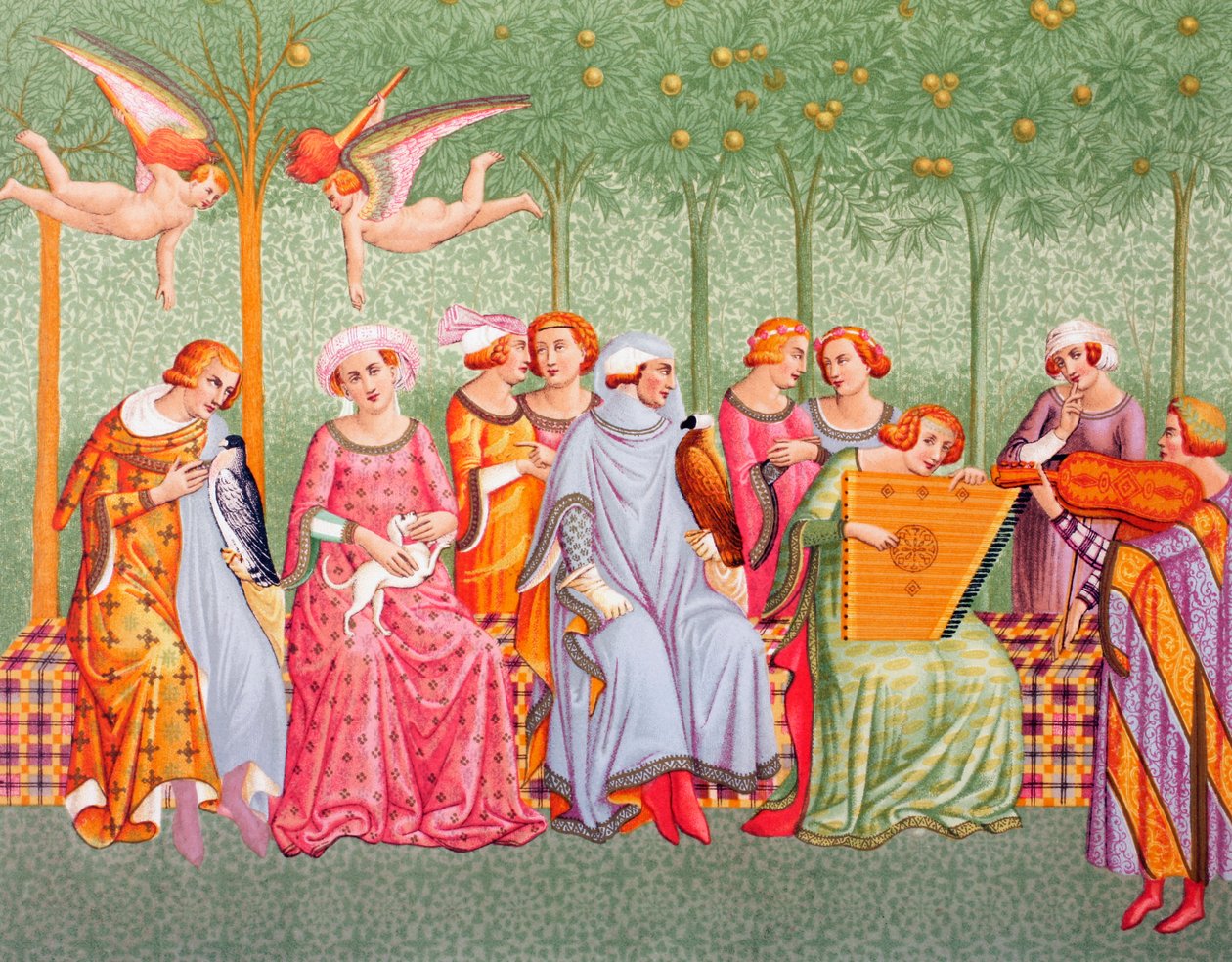 कोर्टोस महिलाएं कैंपोसैंटो मोन्युमेंटेल, पीसा में ट्राइंफ ऑफ डेथ फ्रेस्को के बाद बूनमिको बफैल्कम, &39;लेस आर्ट्स औ मोयेन एज&39; से, 1873 (रंग लिथो) का प्रकाशन करती हैं द्वारा फ्रेंच स्कूल