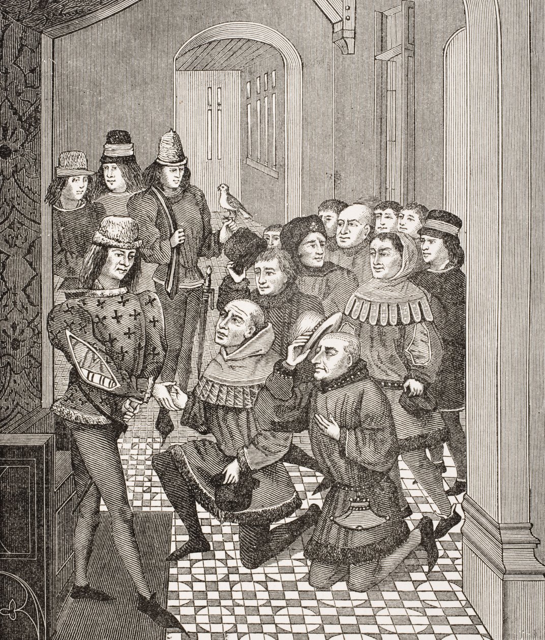 गेन्ट बुरघर्स के कर्ता-धर्ताओं ने 1397 में उनके खिलाफ विद्रोह के लिए लुई II से क्षमा मांगी, पा द्वारा &39;ले मोयेन एज ला रेनेसां&39; से जीन फ्रिसर्ट (c.1333-1404) की पुस्तक में एक लघु पर आधारित द्वारा फ्रेंच स्कूल