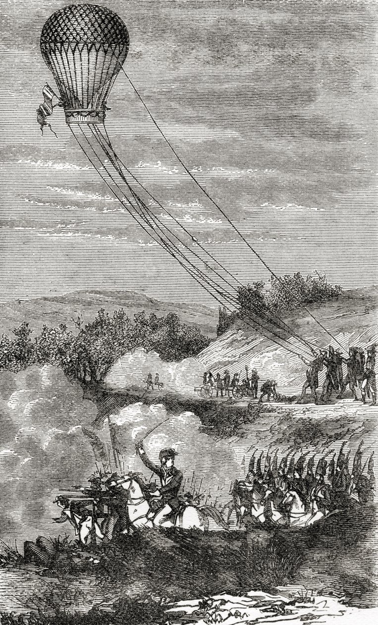 गर्म हवा के गुब्बारे का रोजगार l &39;एन्ट्रीप्रेंटेंट एक टोही पद के रूप में,&39; वंडरफुल बैलून एस्केंट्स या द कन्क्वेस्ट ऑफ द स्काईज &39;से, फुलजेन मैरियन द्वारा, c.1870 में प्रकाशित द्वारा फ्रेंच स्कूल