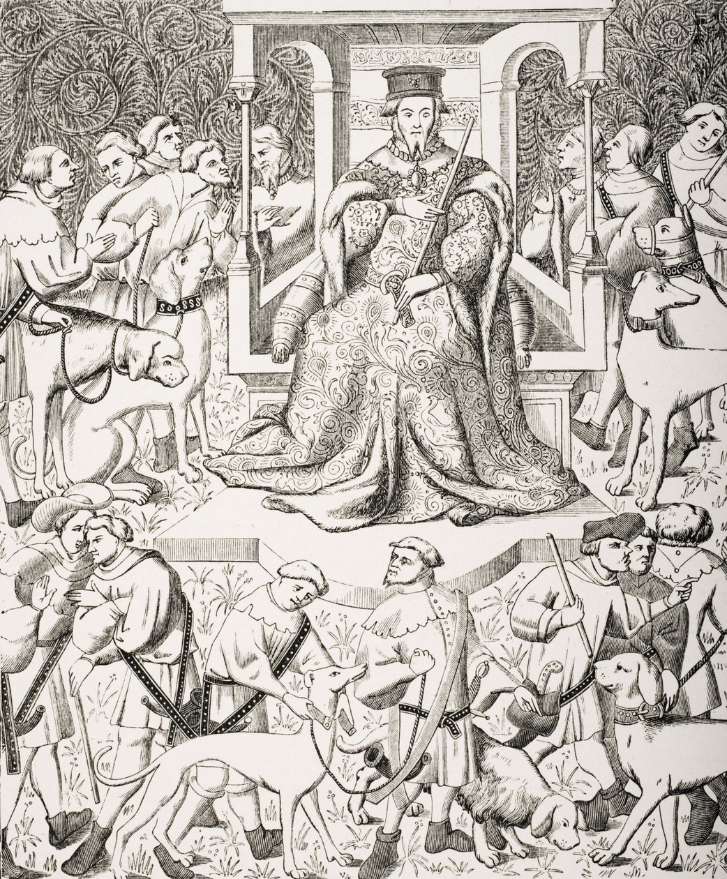 गैटन फ़ॉबस (1331-91) 15 वीं शताब्दी के फ़ोबस और उसके स्टाफ़ हंटिंग एनिमल एंड बर्ड्स ऑफ़ प्री के 15 वीं शताब्दी के बाद &39;ले मोयन एज एट ला ला पुनर्जागरण&39; से गेयून फ़ॉबस (1331-91) को पढ़ाना। द्वारा फ्रेंच स्कूल