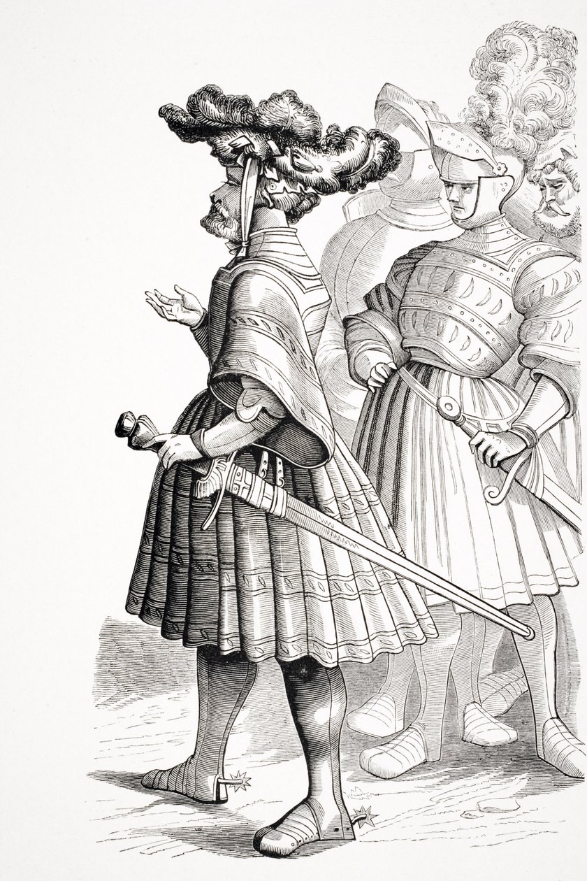 जर्मन नाइट्स, पॉल स्टेब्रिक्स (1806-84) द्वारा &39;ले मोयेन एज एट ला पुनर्जागरण&39; से अल्ब्रेक्ट ड्यूरर (1471-1528) द्वारा ड्राइंग से बर्मीयर द्वारा उत्कीर्ण &39;सम्राट मैक्सिमिलियन के जीवन&39; में एक प्लेट के बाद। द्वारा फ्रेंच स्कूल