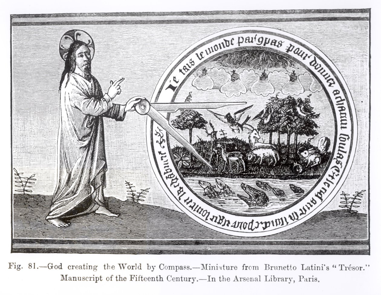 भगवान कम्पास द्वारा विश्व का निर्माण, ब्रुनेट्टो लातिनी (1220-94) की &39;ले लिवेर डु ट्रेजर&39; की पांडुलिपि रोशनी से, मध्य युग और नवजागरण में विज्ञान और साहित्य से चित्र द्वारा फ्रेंच स्कूल