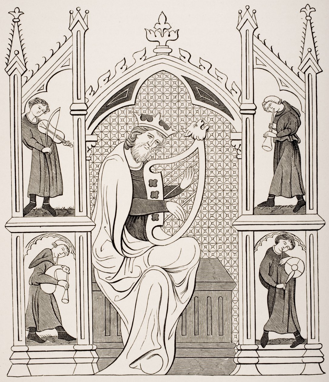 किंग डेविड प्लेयस ने चार संगीतकारों से घिरे, पांडुलिपि भजन में एक लघु अवधि के बाद, पॉल लेक्रोइक्स (1806-84) द्वारा प्रकाशित &39;ले मोयेन एज एट ला पुनर्जागरण&39; से 1847 में प्रकाशित द्वारा फ्रेंच स्कूल