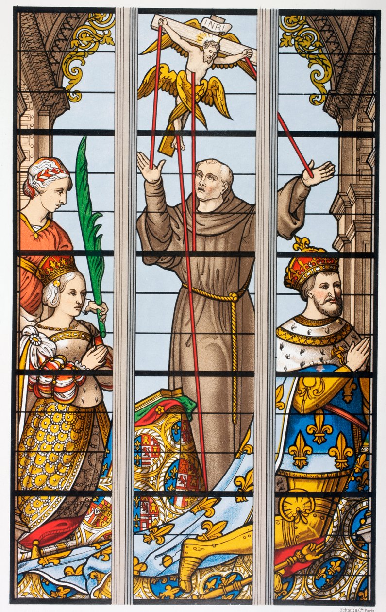 फ्रांस के राजा फ्रेंकॉइस और उनकी पत्नी एलोनोर ने प्रार्थना की, 16 वीं शताब्दी में सेंट गुडुले चर्च, ब्रसेल्स में कांच की खिड़की से &39;लेस आर्ट्स एयू मोयेन एज&39;, 1873 में प्रकाशित द्वारा फ्रेंच स्कूल