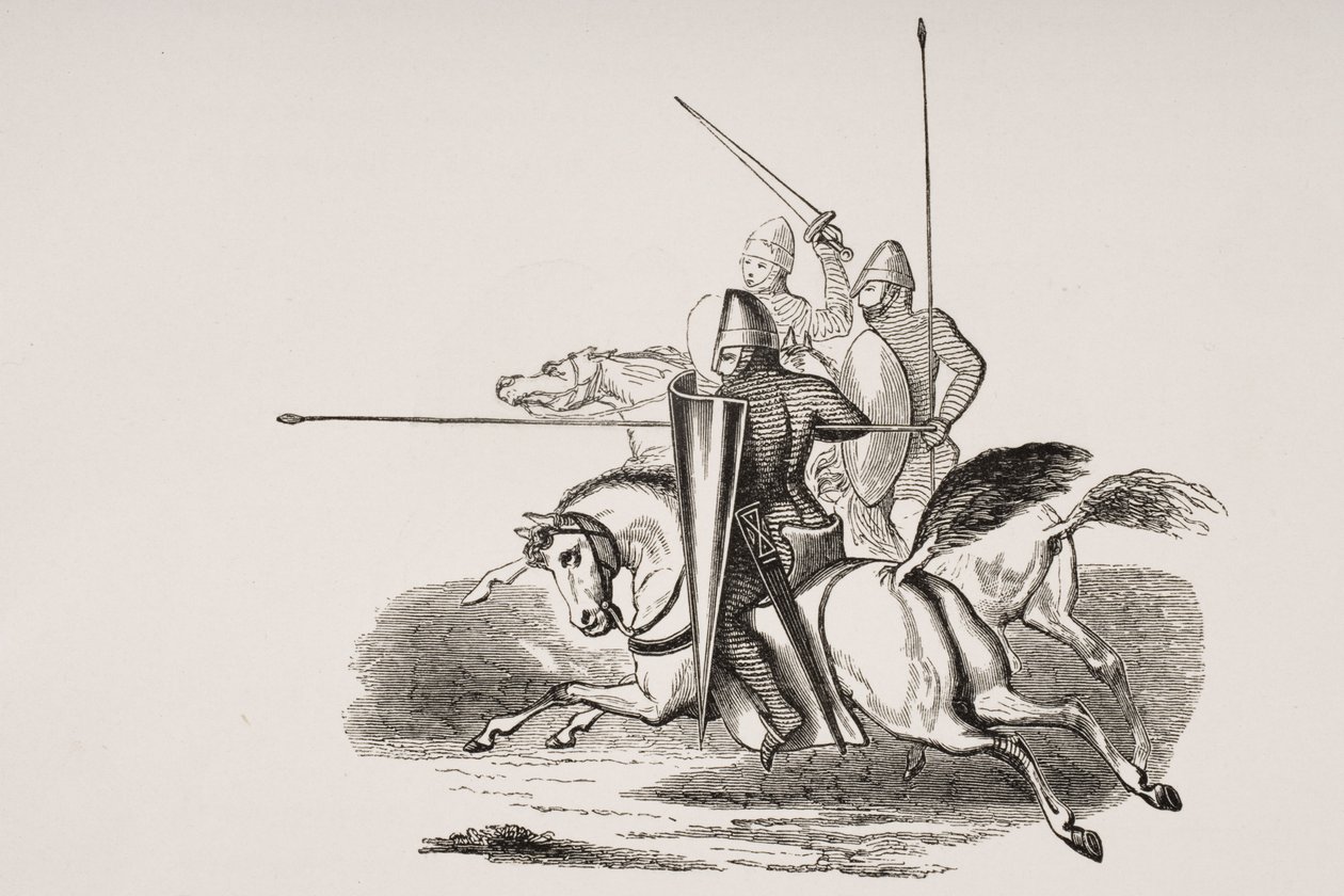 लुइस ले ग्रोस के शासनकाल में शस्त्र पर पुरुष और पुरुष, 12 वीं शताब्दी के भजन में एक लघु के बाद, पॉल लैक्रोइक्स (1806-84) द्वारा &39;ले मोयेन एज एट ला पुनर्जागरण&39; से 1847 (लिथो) प्रकाशित द्वारा फ्रेंच स्कूल