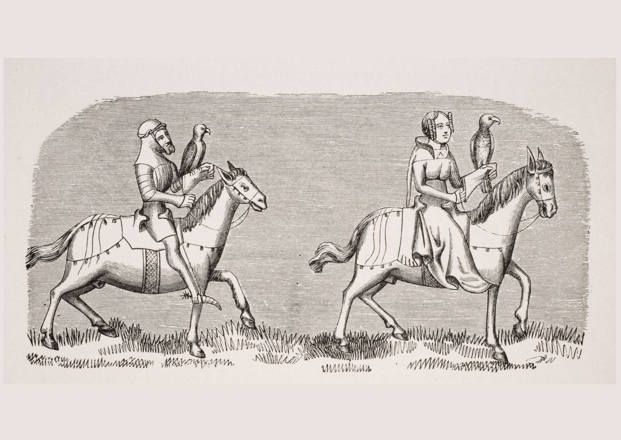 लेडी लैक्रिक्स (1806-84) पब द्वारा &39;ले मोयन एज एट ला पुनर्जागरण&39; से हेनरी डी फेरियर्स द्वारा 14 वीं शताब्दी की पांडुलिपि &39;लिवर डे रॉय मोडस&39; में एक लघु का प्रजनन, हॉकिंग की स्थापना द्वारा फ्रेंच स्कूल