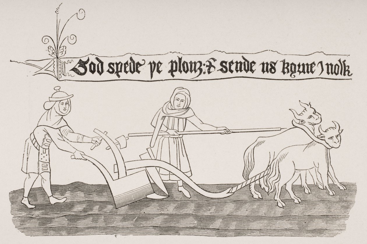 आदमी और औरत एक खेत की जुताई, एक छोटे से एक एंग्लो-सेक्सन पांडुलिपि से, पॉल लेक्रोसिक्स (1806-84) द्वारा &39;ले मोयेन आयु एट ला पुनर्जागरण&39; से 1847 में प्रकाशित द्वारा फ्रेंच स्कूल