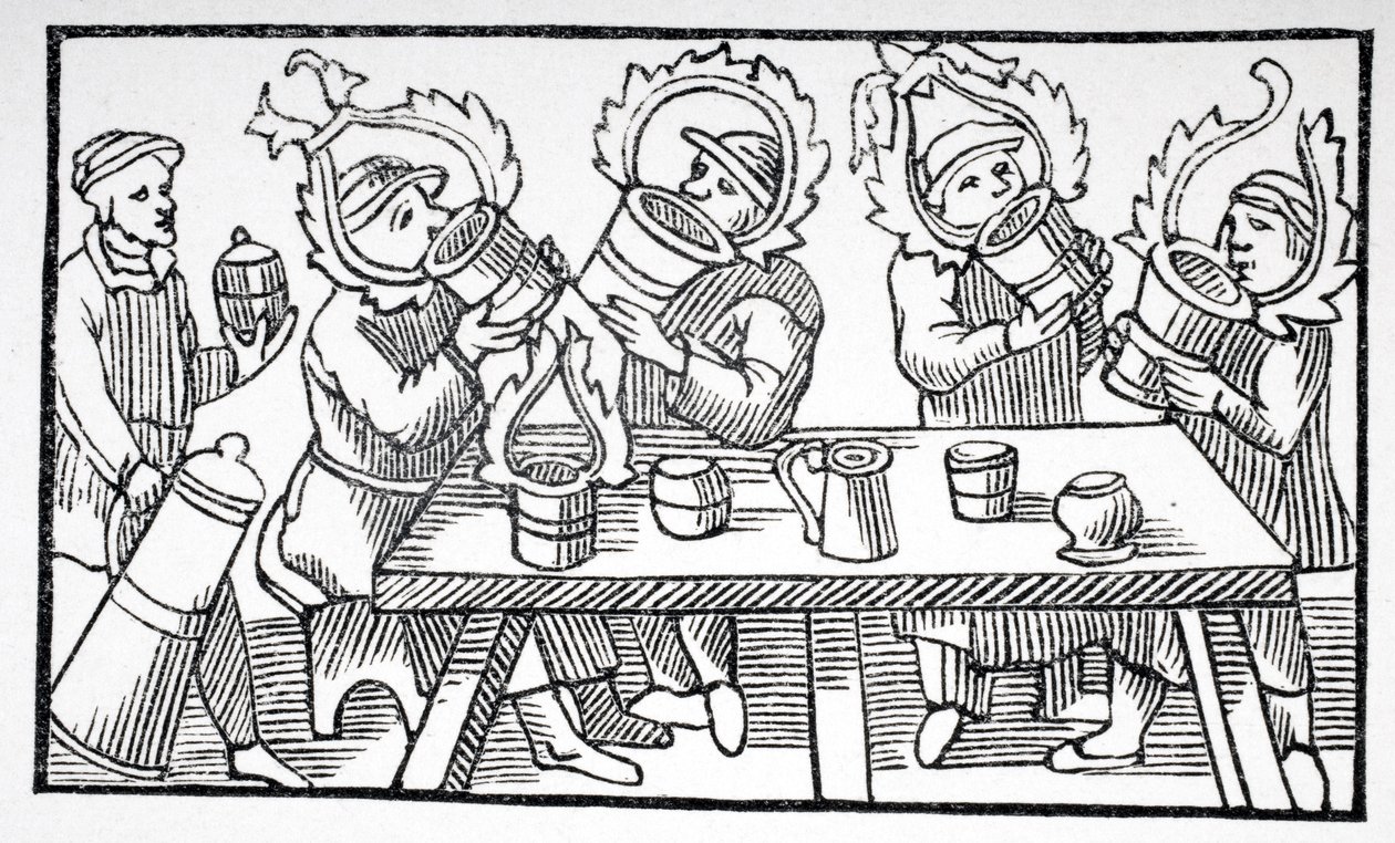 पीने, से "उत्तरी का विवरण" चित्रण मोयेन उम्र एट ला पुनर्जागरण से &39;ओलौस मैग्नुस (1490-1557) रोम, 1555 में प्रकाशित किया, द्वारा पुरुषों पॉल लैक्रोइक्स द्वारा (1806-1884) प्रकाशित द्वारा फ्रेंच स्कूल