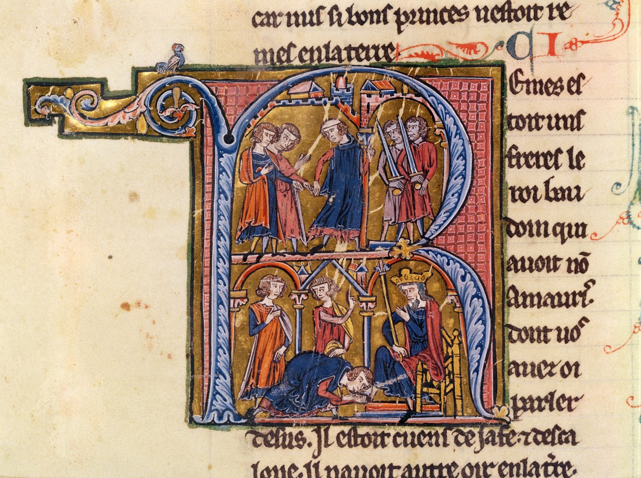 सुश्री फ्र 9081 fol.245v ऐतिहासिक प्रारंभिक &39;आर&39; में सुल्तान को अपने दूतों को मिस्र के खलीफा में भेजते हुए दिखाया गया है और सुल्तान ने खलीफा के पैरों को चूमते हुए &39;हिस्टीर डी जेरुसलम&39; से विलियम के द्वारा फ्रेंच स्कूल