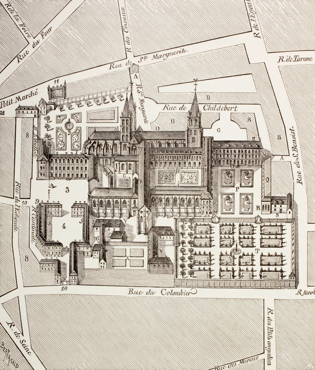 सेंट जर्मेन-डेस-प्रेसिडेंट, पेरिस के बेनेडिक्टिन एबे का उत्तर दृश्य, जैसा कि 17 वीं शताब्दी में पॉल लैक्रोइक्स द्वारा &39;मध्य युग में सैन्य और धार्मिक जीवन&39; से प्रकाशित हुआ था, लंदन में प्रकाशित c.1880 (l द्वारा फ्रेंच स्कूल