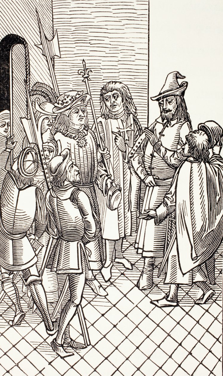 प्रिंस केम, प्रेटेंडर टू द ओटोमन सिंहासन, फ्रांस के राजा चार्ल्स आठवें को सौंप दिया जाता है, पॉल लैक्रोइक्स द्वारा &39;मध्य युग में सैन्य और धार्मिक जीवन&39;, प्रकाशित लंदन, सी .1880 द्वारा फ्रेंच स्कूल