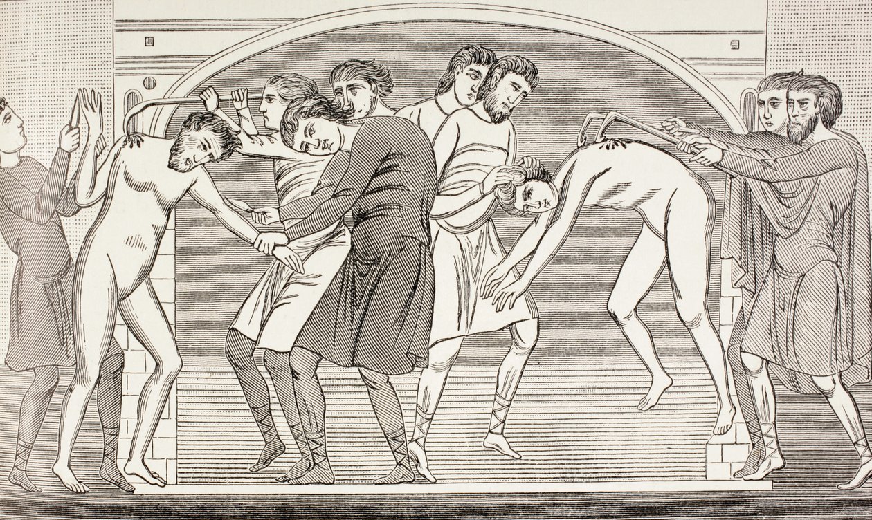 पॉल लैक्रिक्स द्वारा &39;मिलिट्री एंड रिलिजियस लाइफ इन द मिडिल एजेस&39; से संत साविन और साइप्रियन ने अपने शरीर को लोहे के हुक से फाड़ा, लंदन में प्रकाशित किया। द्वारा फ्रेंच स्कूल