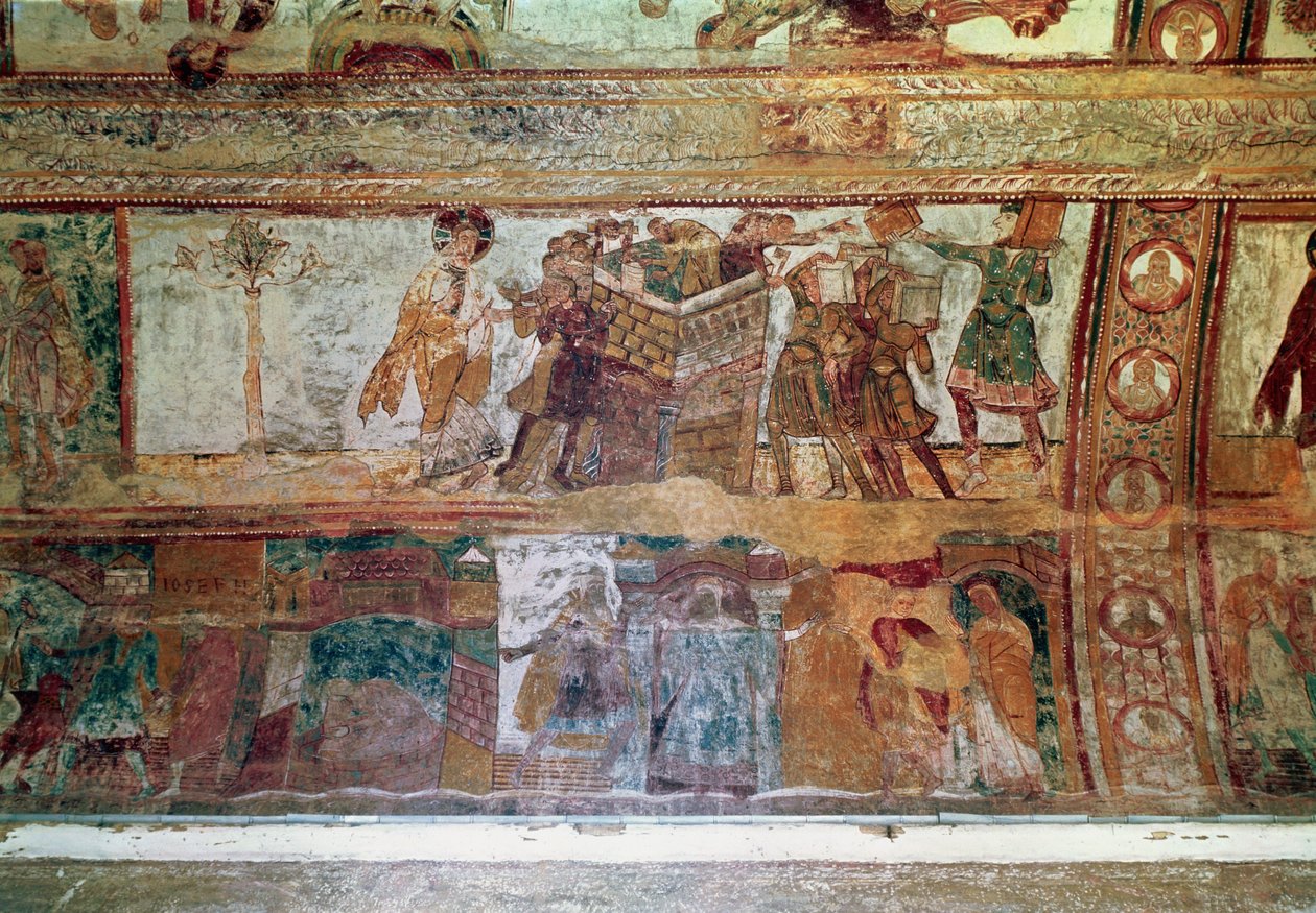 बाबेल के टॉवर का निर्माण (ऊपरी रजिस्टर); यूसुफ और पोतीफर की पत्नी की मुलाकात, और जोसेफ ने जेल में फेंक दिया (निचले रजिस्टर में), गुफ़ा की तिजोरी से द्वारा फ्रेंच स्कूल