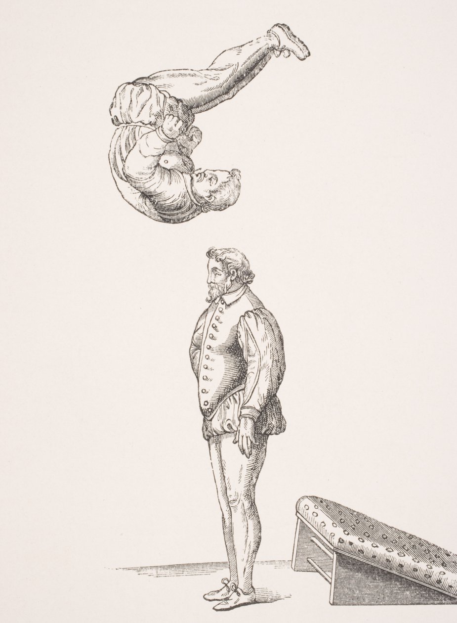 द स्प्रिंग बोर्ड, पॉल लैक्रोइक्स (1806-84) द्वारा 1847 में प्रकाशित &39;ले मोयन एज एट ला पुनर्जागरण&39; से 1599 में प्रकाशित ए। टुकेरो द्वारा &39;लीपिंग एंड वॉल्टिंग में एक्सर्साइज़&39; के एक पहलू से चित्रण। द्वारा फ्रेंच स्कूल