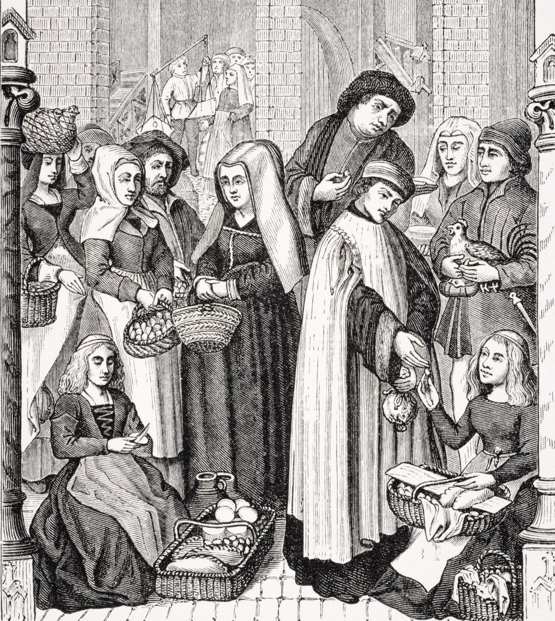 18 वीं सदी में पॉल लेक्रोइक्स (1806-84) द्वारा &39;ले मोयन एज एट ला पुनर्जागरण&39; से टुर्ना के गिरजाघर में 15 वीं शताब्दी में चित्रित खिड़की के बाद एक मौलवी द्वारा लगाया गया बाजार पर टोल द्वारा फ्रेंच स्कूल