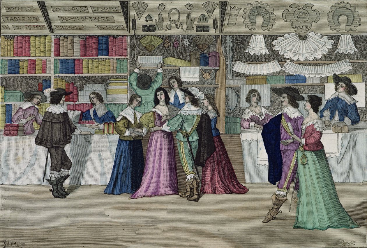 &39;कॉस्टयूम डे पेरिस ए ट्रैवर्स लेस सीकल्स&39; एड से लुई तेरहवें (1601-43) के समय पेलेस डे जस्टिस की गैलरी में दुकानें। रॉय, 1887 (रंग उत्कीर्णन) प्रकाशित द्वारा गार्सिया